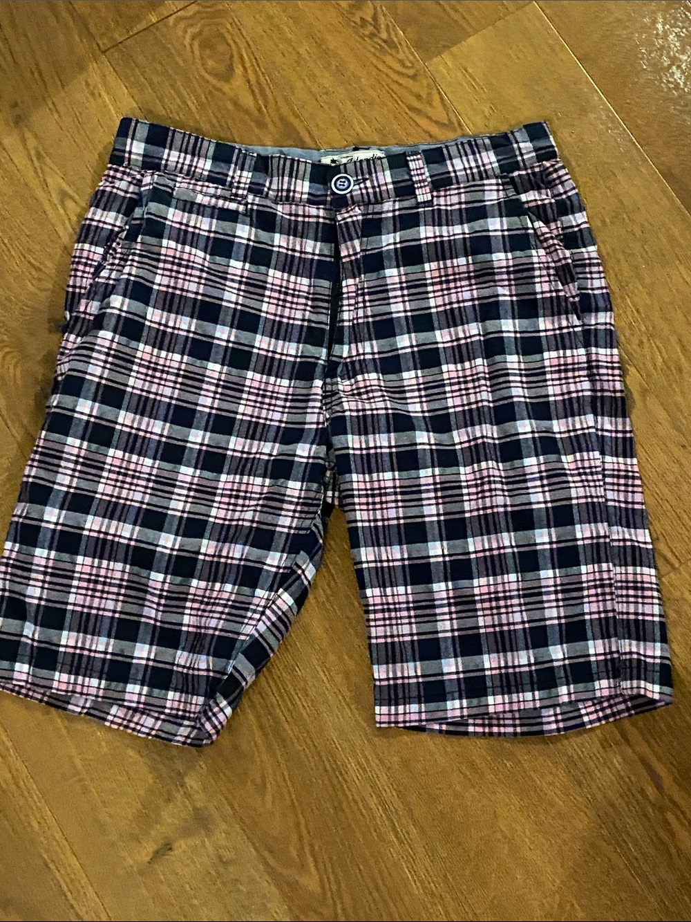 Men's Plaid Golf Shorts - Navy & Pink Size 34